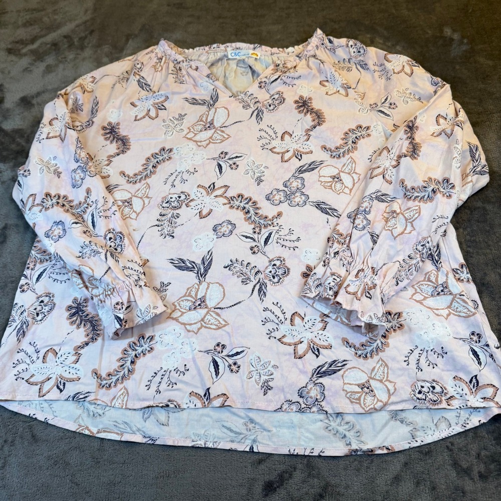 C&C California Pink Floral Print V Neck Ruffle Sleeve Blouseโ Womens XL